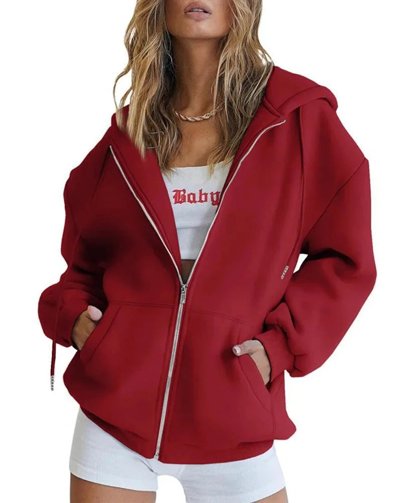 Red Women's Oversized Zip Hoodie with Kangaroo Pockets & Elastic Cuffs