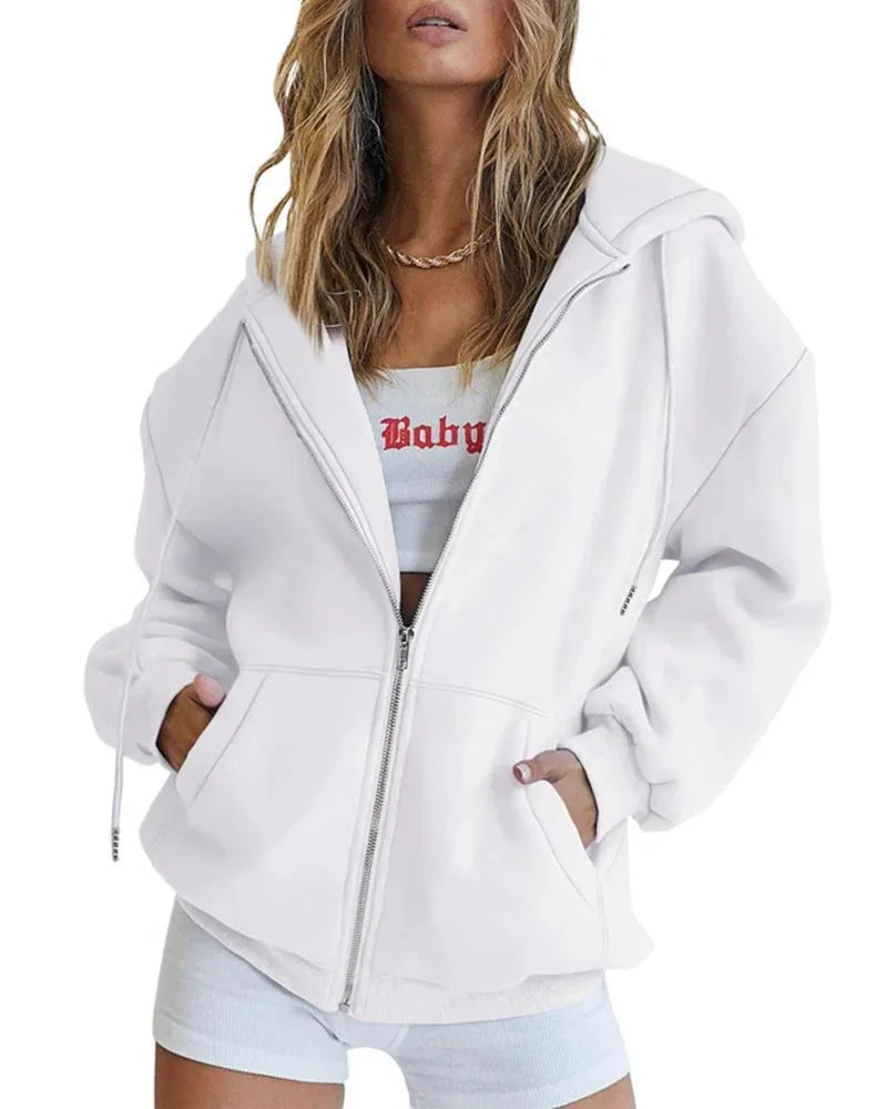 White Women's Oversized Zip Hoodie with Kangaroo Pockets & Elastic Cuffs