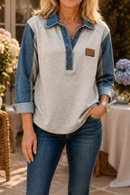 Beige Women's Patchwork Knit Blouse with Denim Collar & Relaxed Fit