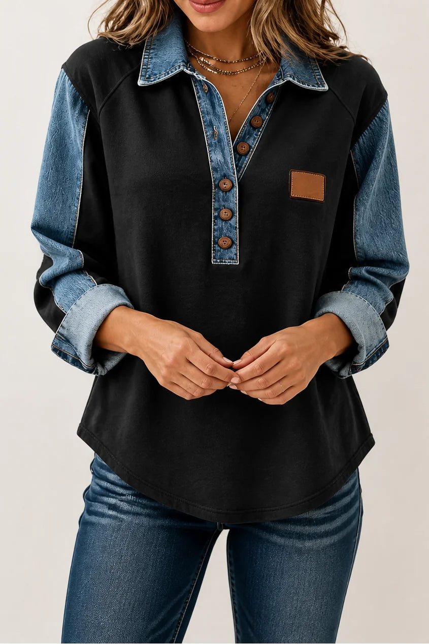Black Women's Patchwork Knit Blouse with Denim Collar & Relaxed Fit