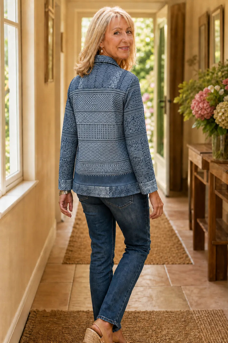 Women's Patchwork Knit Blouse with Denim Collar & Relaxed Fit - Back Full