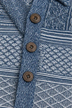 Women's Patchwork Knit Blouse with Denim Collar & Relaxed Fit - Close Up Buttons