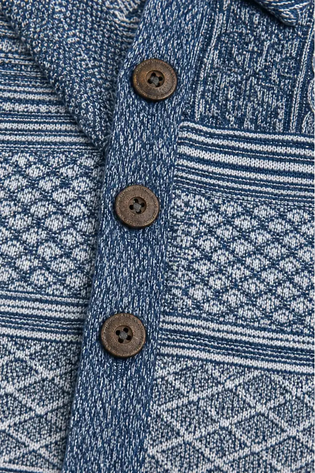 Women's Patchwork Knit Blouse with Denim Collar & Relaxed Fit - Close Up Buttons