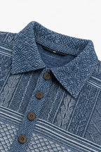 Women's Patchwork Knit Blouse with Denim Collar & Relaxed Fit - Close Up Collar