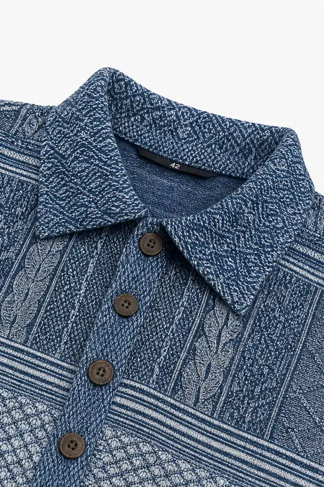 Women's Patchwork Knit Blouse with Denim Collar & Relaxed Fit - Close Up Collar