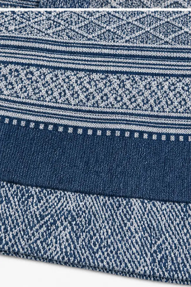 Women's Patchwork Knit Blouse with Denim Collar & Relaxed Fit - Close Up Hem Detail