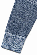 Women's Patchwork Knit Blouse with Denim Collar & Relaxed Fit - Close Up Sleeve Cuff