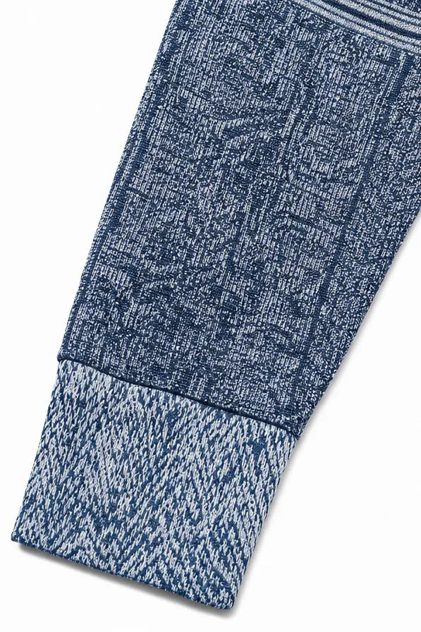 Women's Patchwork Knit Blouse with Denim Collar & Relaxed Fit - Close Up Sleeve Cuff
