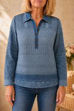 Women's Patchwork Knit Blouse with Denim Collar & Relaxed Fit - Front Full