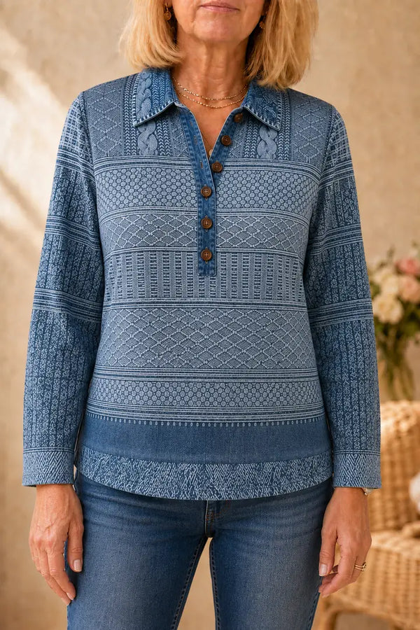 Women's Patchwork Knit Blouse with Denim Collar & Relaxed Fit — Annabel