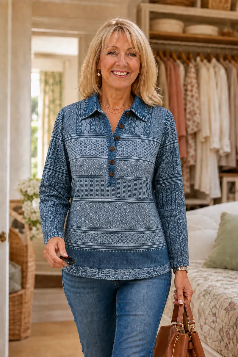Women's Patchwork Knit Blouse with Denim Collar & Relaxed Fit - Front Holding Bag