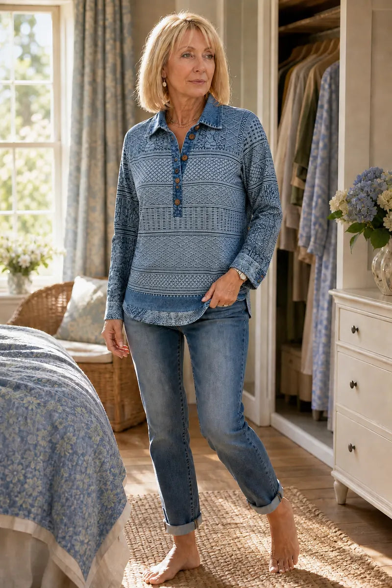 Women's Patchwork Knit Blouse with Denim Collar & Relaxed Fit - Front Walking