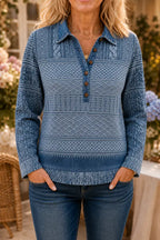 Blue Women's Patchwork Knit Blouse with Denim Collar & Relaxed Fit