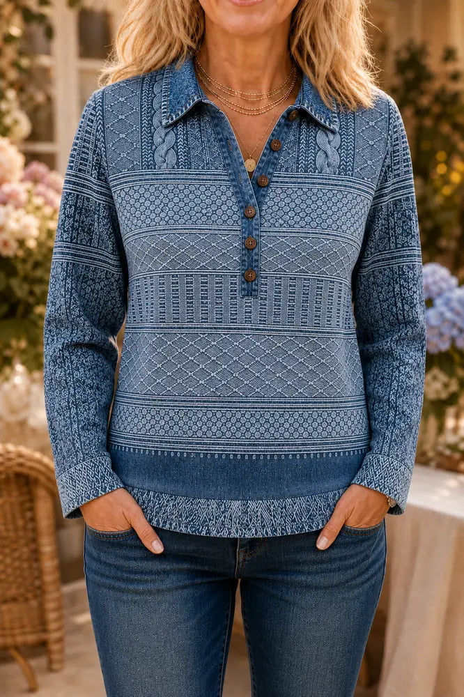 Blue Women's Patchwork Knit Blouse with Denim Collar & Relaxed Fit
