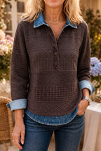Brown Women's Patchwork Knit Blouse with Denim Collar & Relaxed Fit