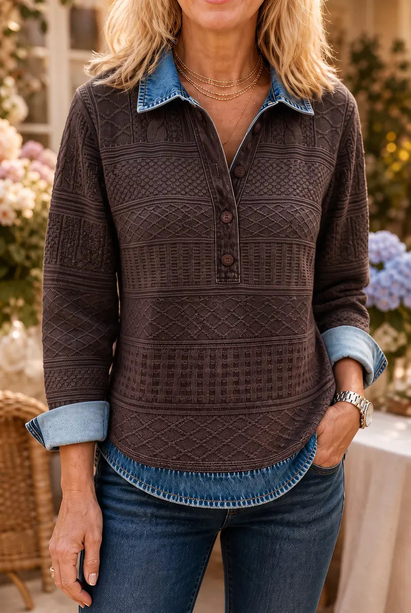Brown Women's Patchwork Knit Blouse with Denim Collar & Relaxed Fit
