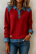 Burgundy Women's Patchwork Knit Blouse with Denim Collar & Relaxed Fit