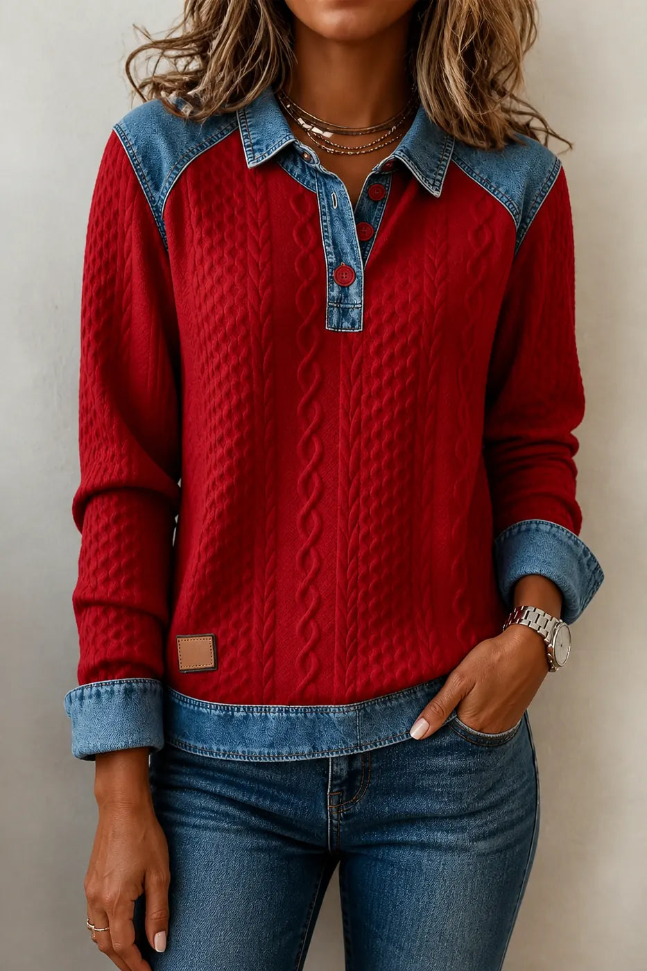 Burgundy Women's Patchwork Knit Blouse with Denim Collar & Relaxed Fit