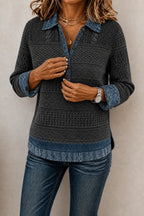 Gray Women's Patchwork Knit Blouse with Denim Collar & Relaxed Fit