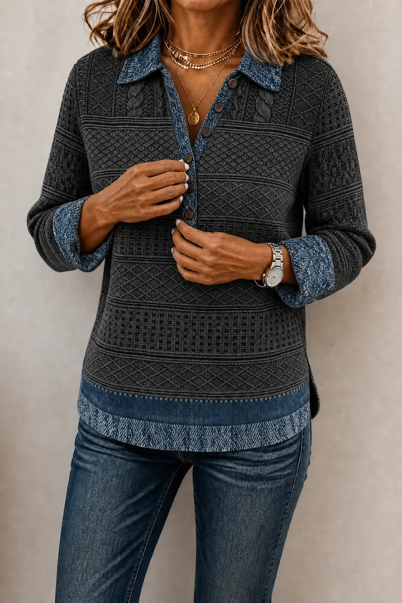 Gray Women's Patchwork Knit Blouse with Denim Collar & Relaxed Fit