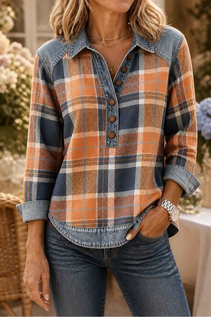 Orange Women's Patchwork Knit Blouse with Denim Collar & Relaxed Fit
