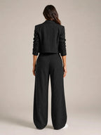 Black Women's Two-Piece Blazer Set with Pinstripe Cropped Jacket & Wide-Leg Pants — Claire - Back Full