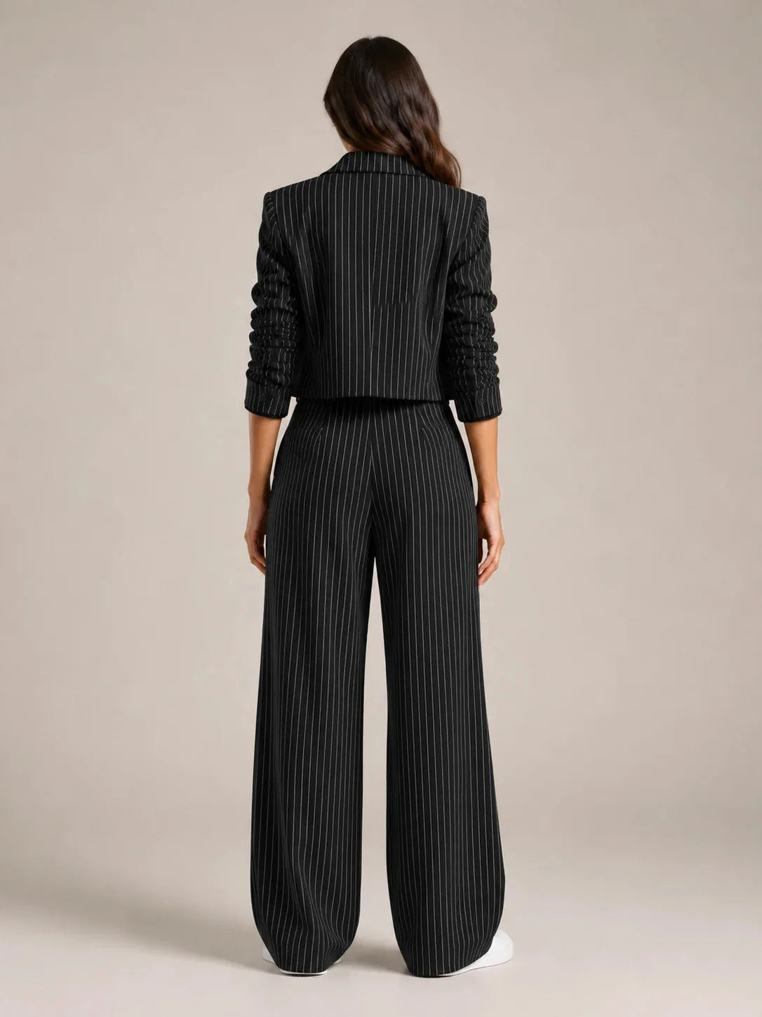 Black Women's Two-Piece Blazer Set with Pinstripe Cropped Jacket & Wide-Leg Pants — Claire - Back Full