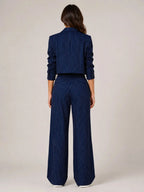 Black Women's Two-Piece Blazer Set with Pinstripe Cropped Jacket & Wide-Leg Pants — Claire - Back Pose