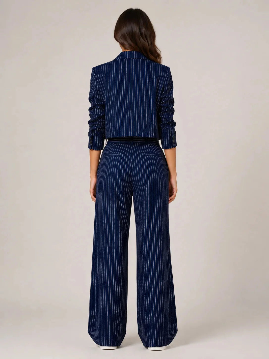 Black Women's Two-Piece Blazer Set with Pinstripe Cropped Jacket & Wide-Leg Pants — Claire - Back Pose