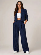 Black Women's Two-Piece Blazer Set with Pinstripe Cropped Jacket & Wide-Leg Pants — Claire - Front Full Pose
