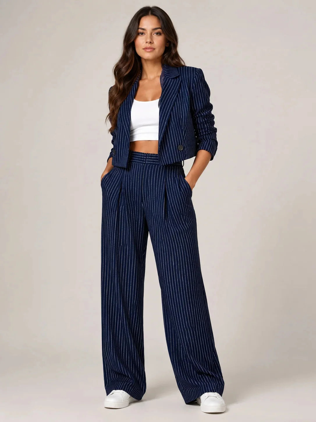 Black Women's Two-Piece Blazer Set with Pinstripe Cropped Jacket & Wide-Leg Pants — Claire - Front Full Pose
