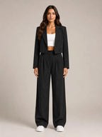 Black Women's Two-Piece Blazer Set with Pinstripe Cropped Jacket & Wide-Leg Pants — Claire - Front Full Standing