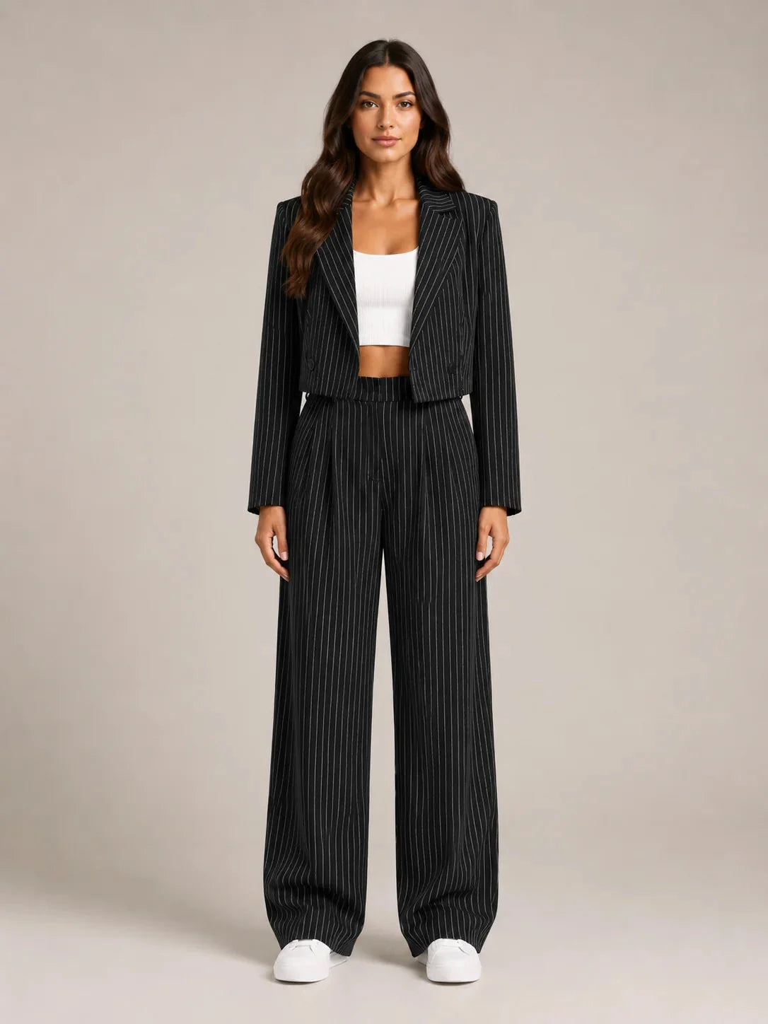 Black Women's Two-Piece Blazer Set with Pinstripe Cropped Jacket & Wide-Leg Pants — Claire - Front Full Standing