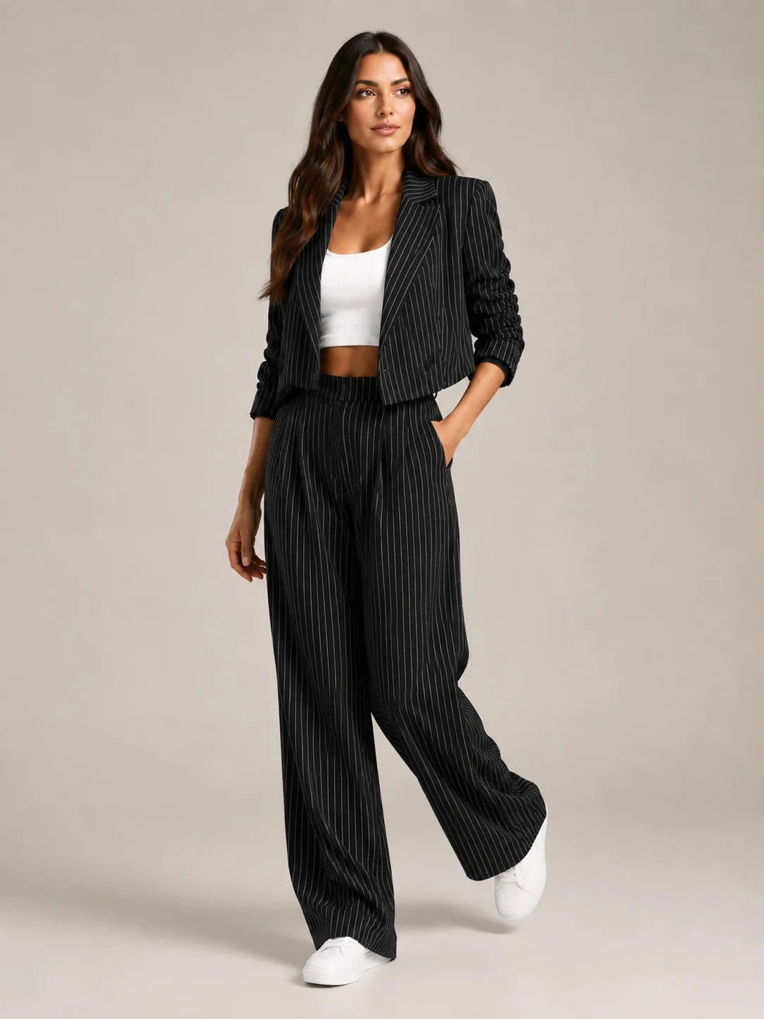 Black Women's Two-Piece Blazer Set with Pinstripe Cropped Jacket & Wide-Leg Pants — Claire - Model Walking