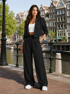 Black Women's Two-Piece Blazer Set with Pinstripe Cropped Jacket & Wide-Leg Pants — Claire - Outdoor Lifestyle