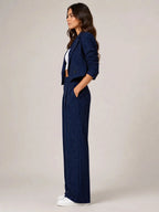 Black Women's Two-Piece Blazer Set with Pinstripe Cropped Jacket & Wide-Leg Pants — Claire - Side Detail