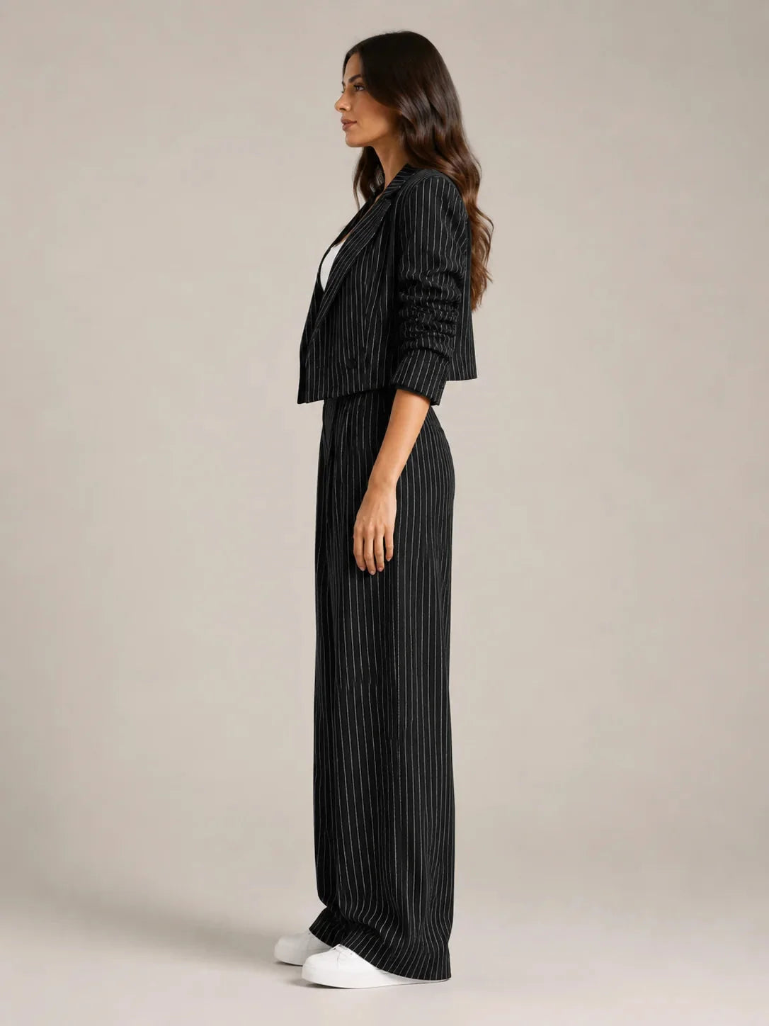 Black Women's Two-Piece Blazer Set with Pinstripe Cropped Jacket & Wide-Leg Pants — Claire - Side Pose