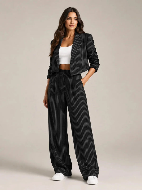 Black Women's Two-Piece Blazer Set with Pinstripe Cropped Jacket & Wide-Leg Pants — Claire