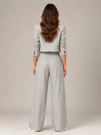 Grey Women's Two-Piece Blazer Set with Pinstripe Cropped Jacket & Wide-Leg Pants — Claire - Back Detail