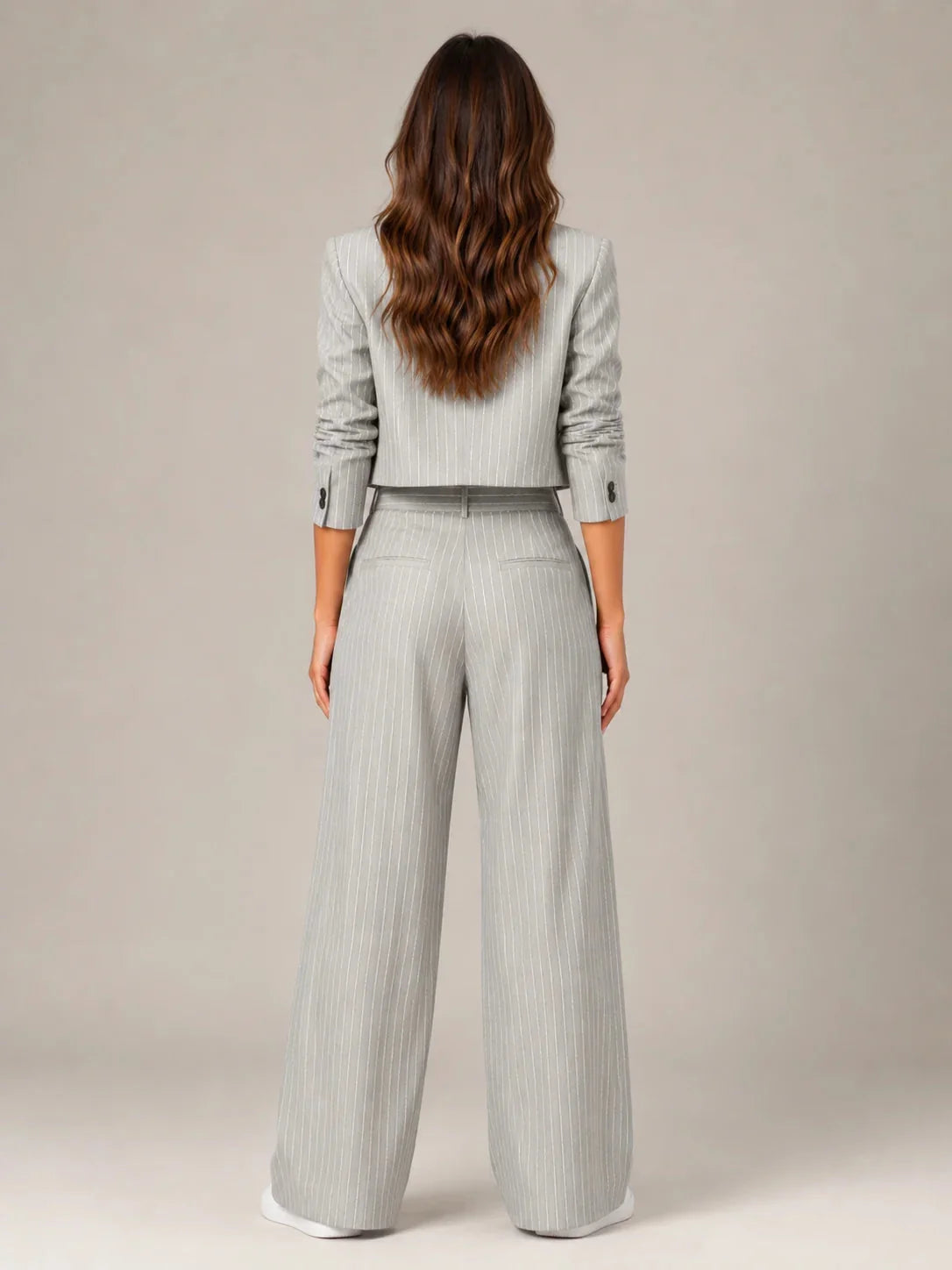 Grey Women's Two-Piece Blazer Set with Pinstripe Cropped Jacket & Wide-Leg Pants — Claire - Back Detail
