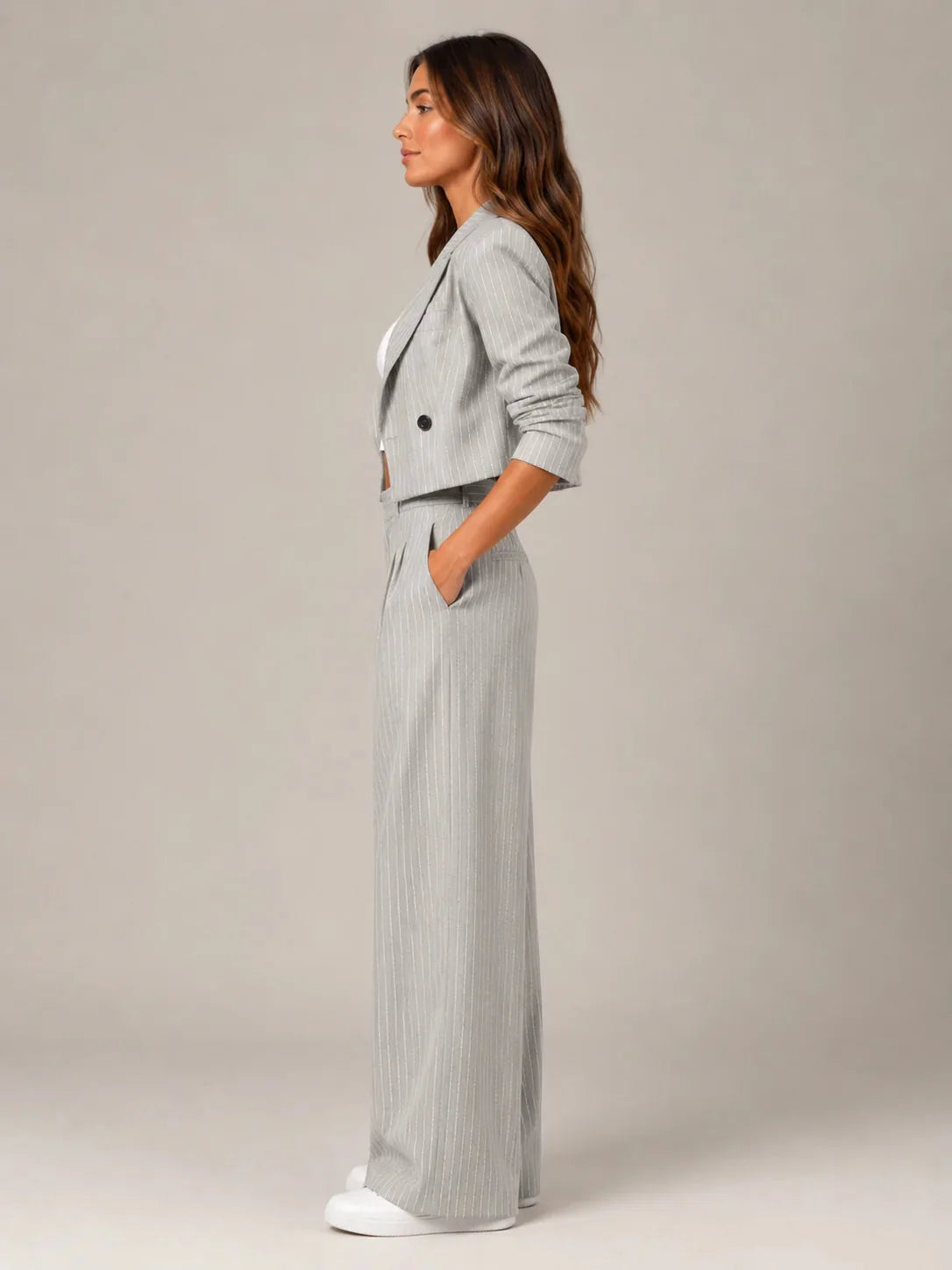 Grey Women's Two-Piece Blazer Set with Pinstripe Cropped Jacket & Wide-Leg Pants — Claire - Side Full