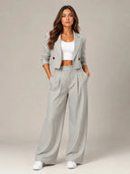 Grey Women's Two-Piece Blazer Set with Pinstripe Cropped Jacket & Wide-Leg Pants — Claire