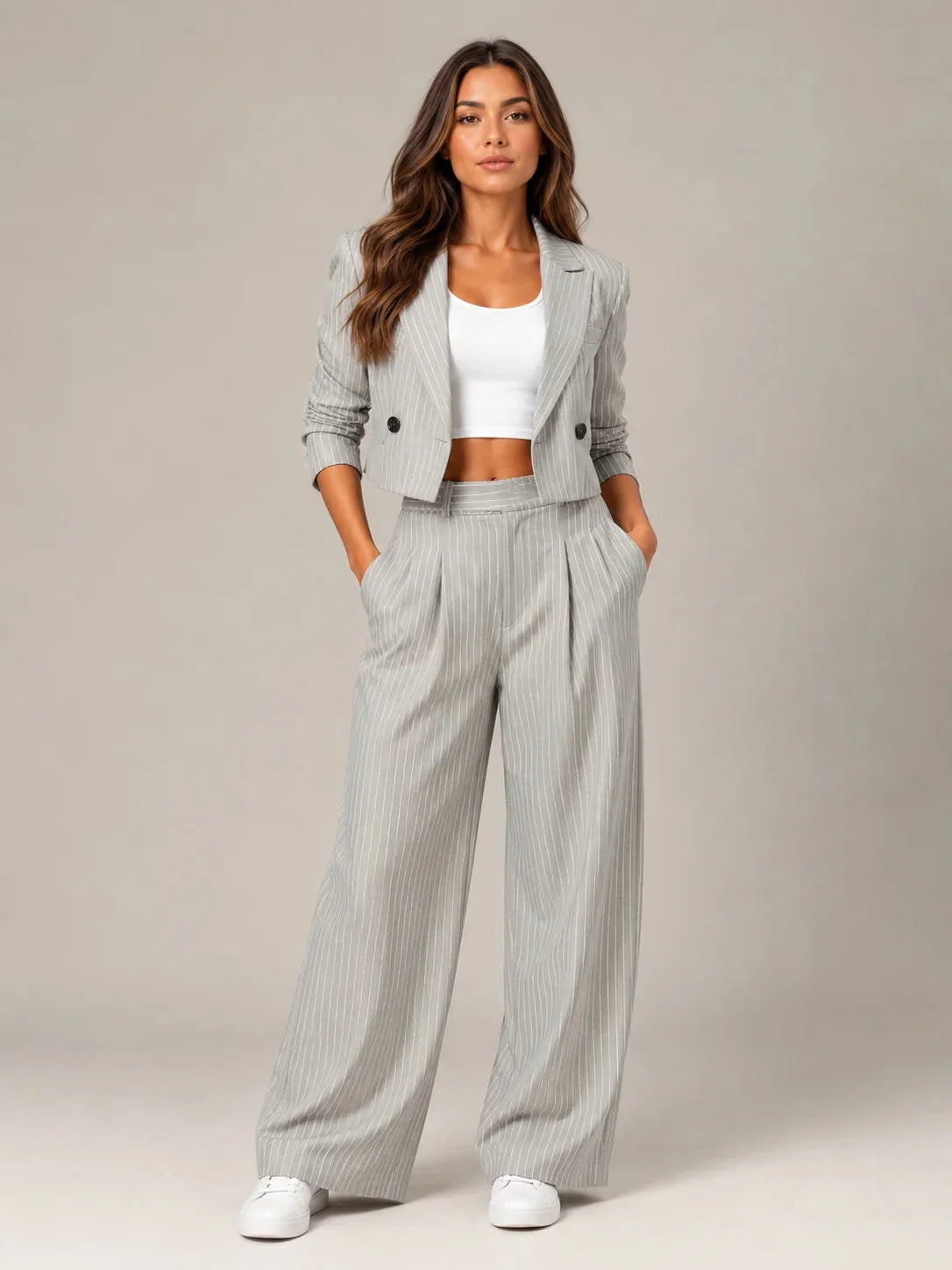 Grey Women's Two-Piece Blazer Set with Pinstripe Cropped Jacket & Wide-Leg Pants — Claire