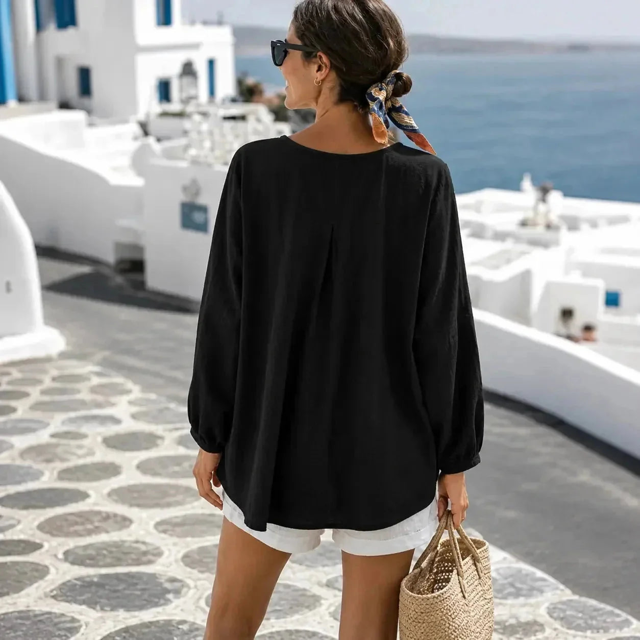 Black Women's Pin-Tuck Tunic Blouse with Relaxed Long-Sleeve Fit — Yvette - Back Detail