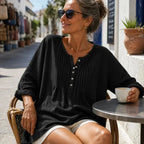 Black Women's Pin-Tuck Tunic Blouse with Relaxed Long-Sleeve Fit — Yvette - Close Up Sunglasses Pose