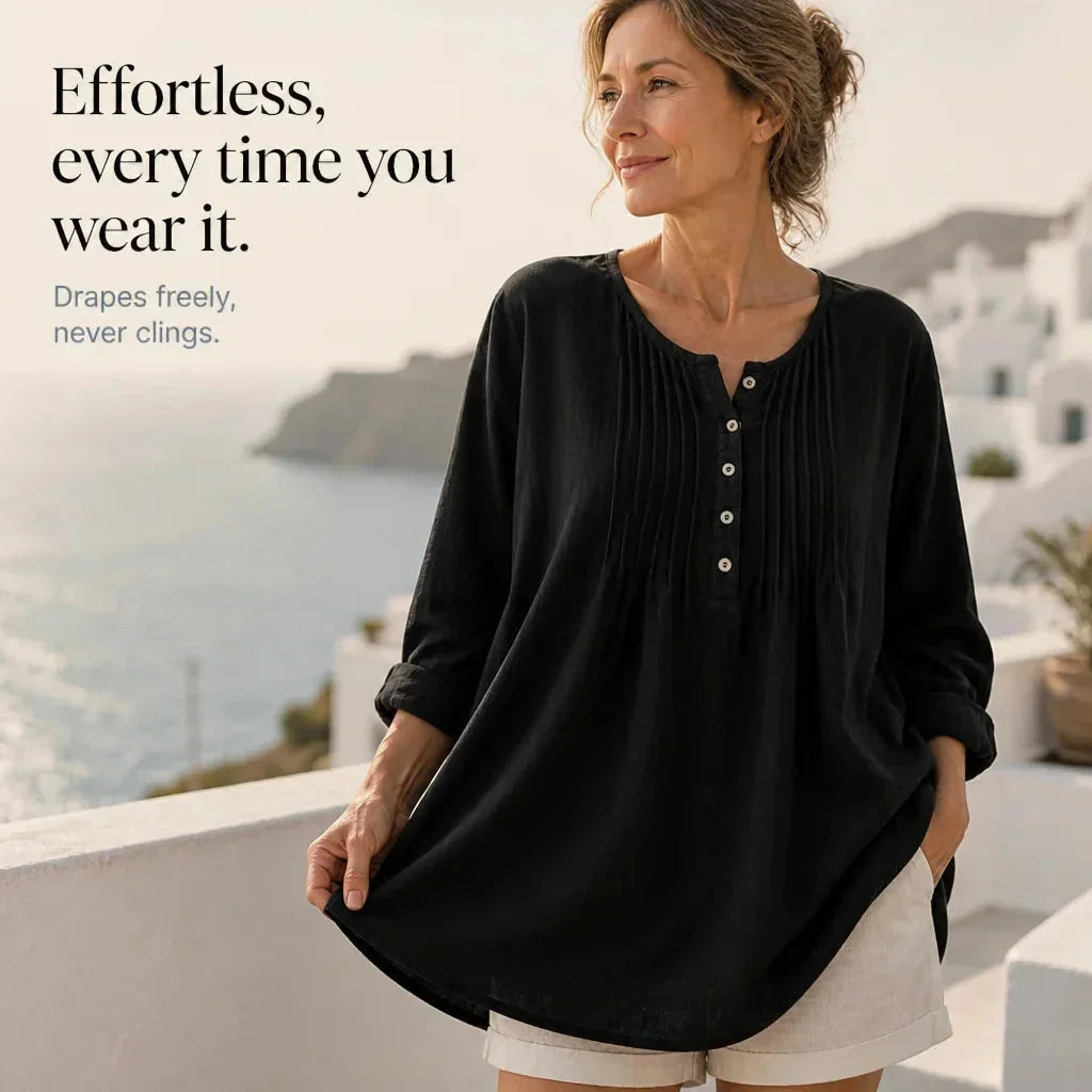 Black Women's Pin-Tuck Tunic Blouse with Relaxed Long-Sleeve Fit — Yvette - Infographic Drape Sunset