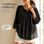 Black Women's Pin-Tuck Tunic Blouse with Relaxed Long-Sleeve Fit — Yvette - Infographic Opaque Fabric