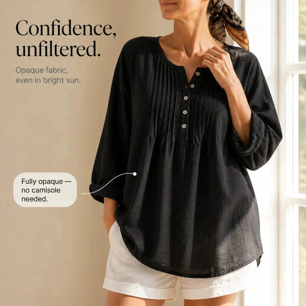 Black Women's Pin-Tuck Tunic Blouse with Relaxed Long-Sleeve Fit — Yvette - Infographic Opaque Fabric