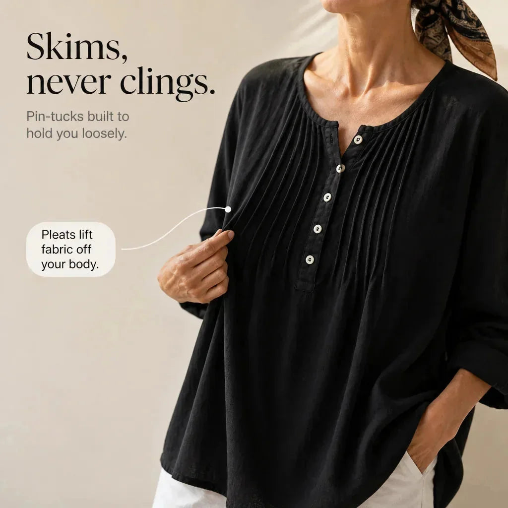 Black Women's Pin-Tuck Tunic Blouse with Relaxed Long-Sleeve Fit — Yvette - Infographic Pleats Detail