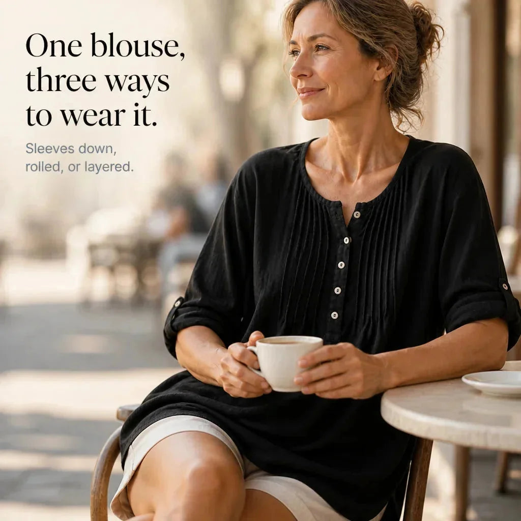 Black Women's Pin-Tuck Tunic Blouse with Relaxed Long-Sleeve Fit — Yvette - Infographic Sleeve Styling